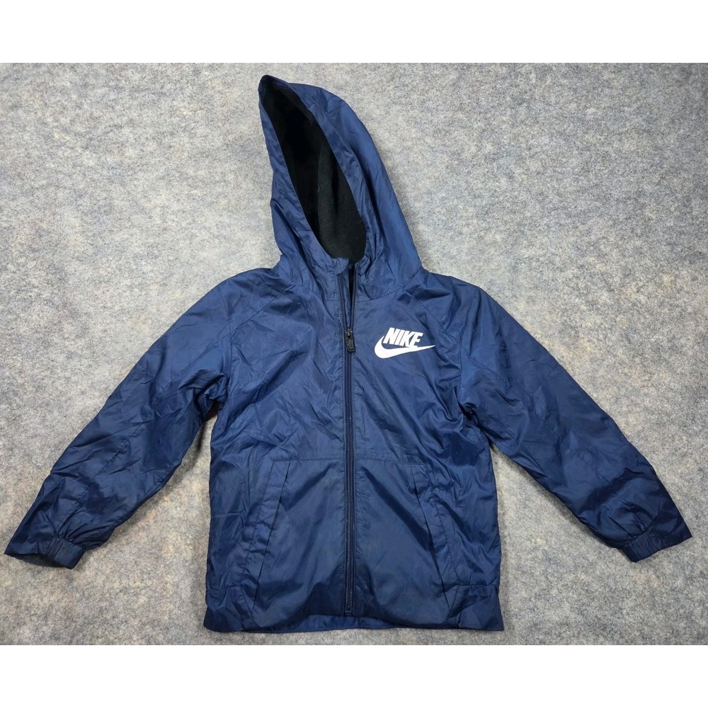 Nike Kids Navy Blue Fleece Lined Hooded Windbreaker Jacket Size Large 6-7 YRS
